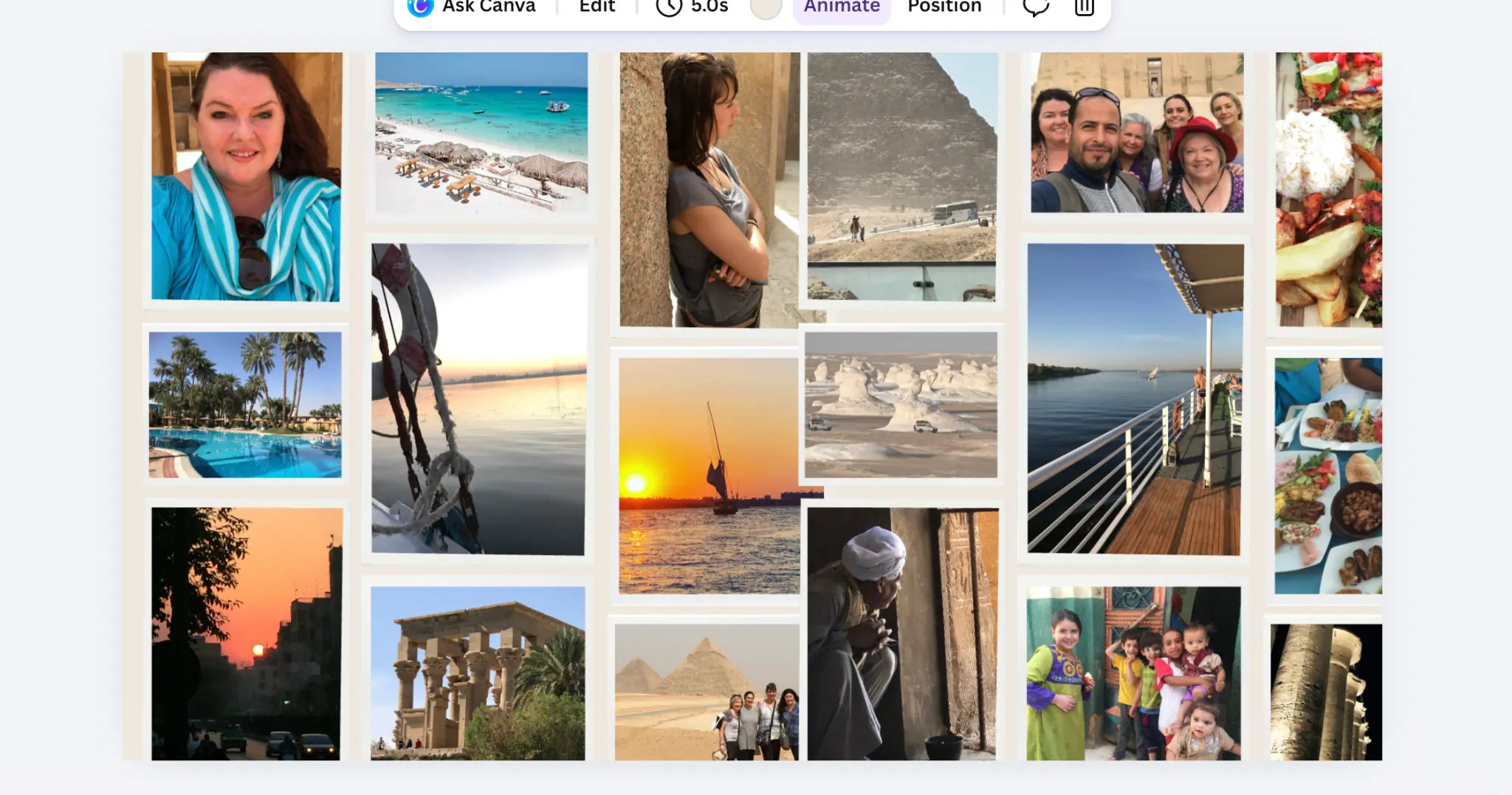 A wall of Petah-Jane Auckland-Hall’s photographs from years of travel throughout Egypt, including people, the Nile, deserts, monuments, meals and everyday encounters