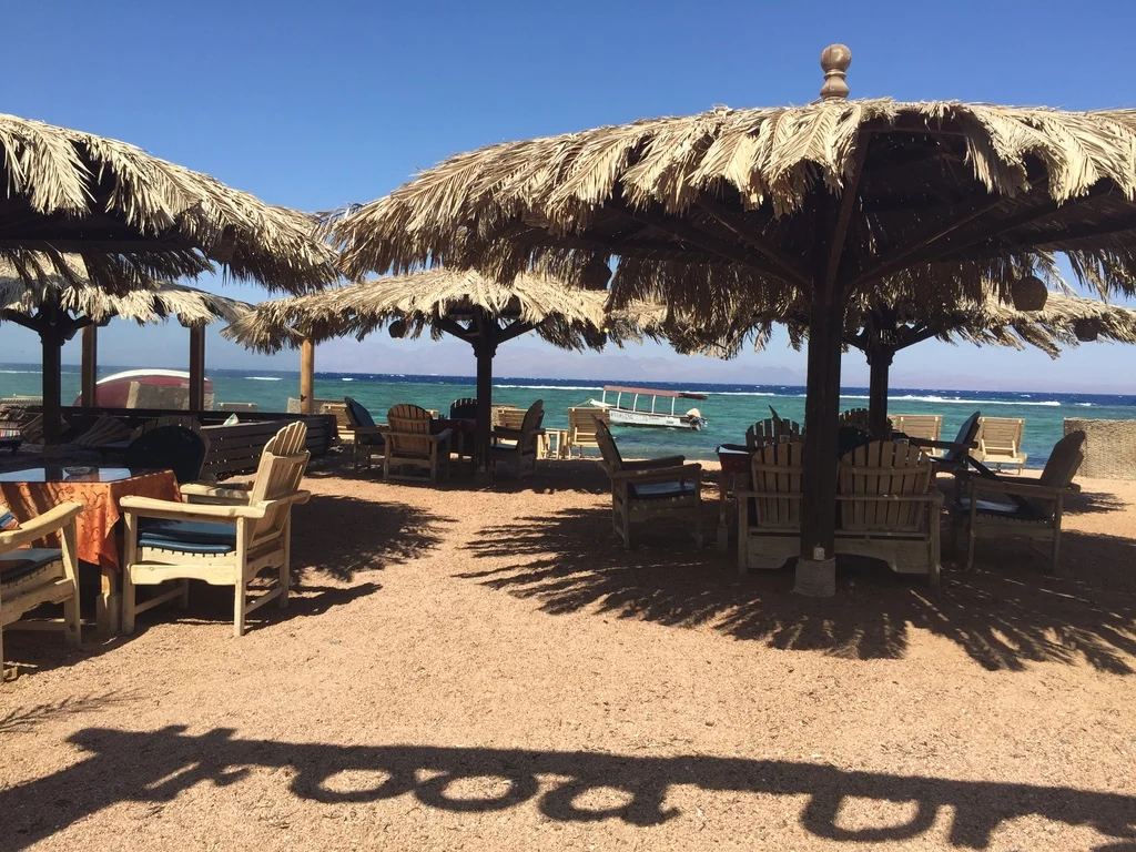 Palm-thatched parasols and wooden chairs on the beach beside the turquoise Red Sea