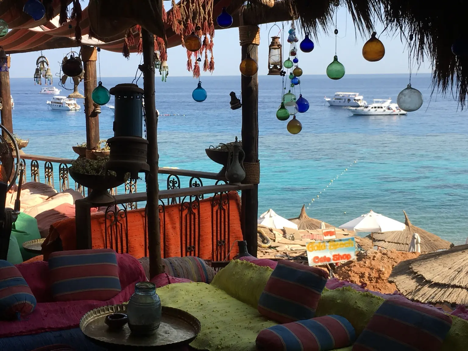 A colourful shaded sitting place overlooking the Red Sea in Sinai